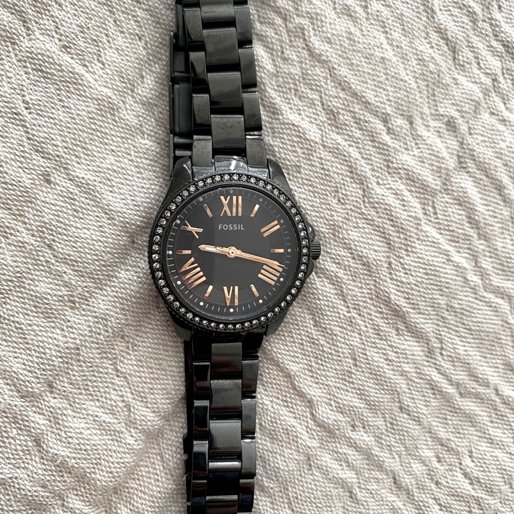 Black and rose gold fossil watch